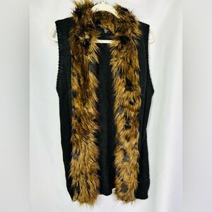 Black Knit Long Open Front Vest with faux fur trim Mob Wife Glamour Cozy M